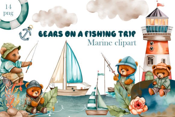Cute Teddy Bear Fisherman Marine Clipart