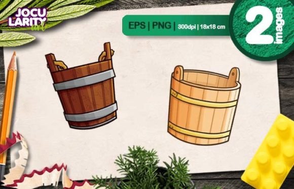 Old Wooden Bucket Cartoon Illustration: A Charming Asset for Designers